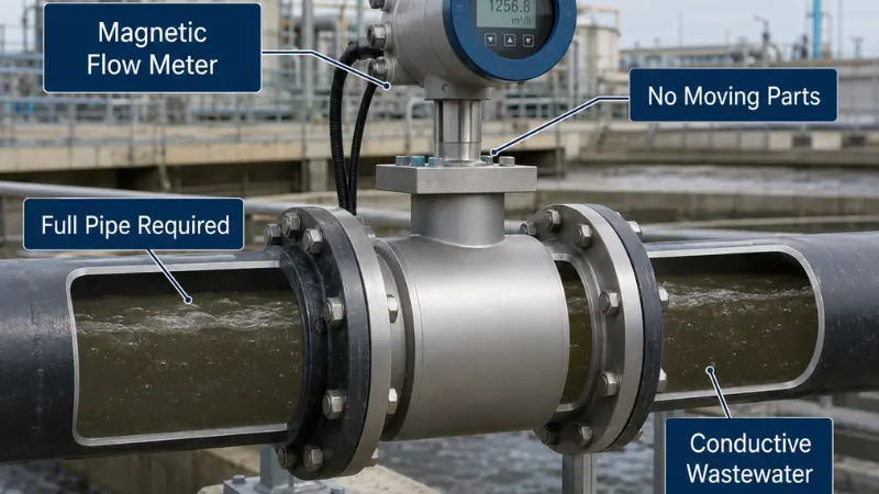 Magnetic flow meter installed on a full conductive wastewater pipeline in a treatment plant.