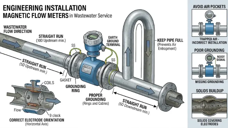 Magnetic wastewater flow meter installation diagram showing full pipe, grounding, straight run, and electrode orientation.