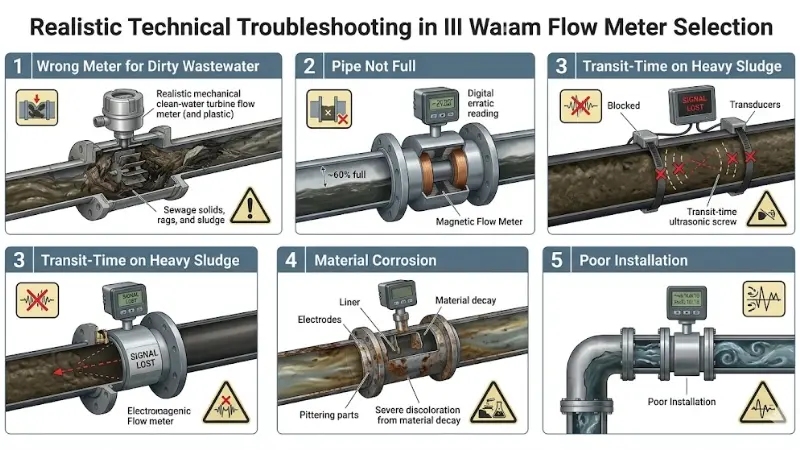 Common wastewater flow meter selection mistakes including clogged meters, partially filled pipes, sludge signal loss, corrosion, and poor installation.